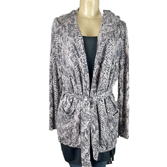 Serena Williams M Gray Animal Print Open Front Belted Long Sleeve Hoodie Jacket - Picture 2 of 6